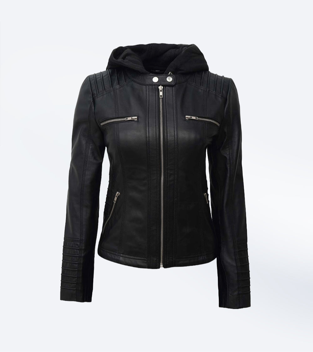 Black Leather Moto Jacket with Removable Hood