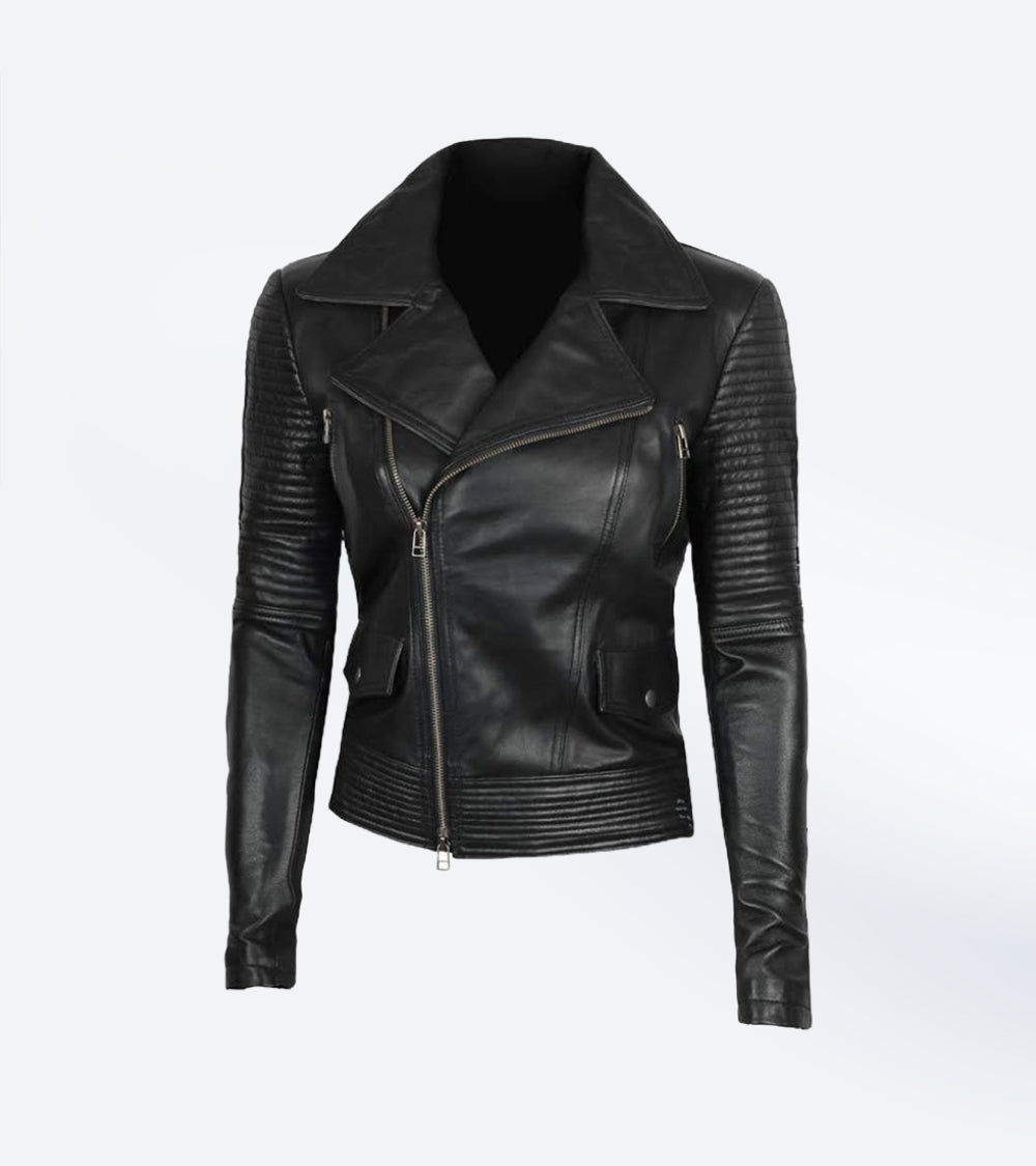 Black Leather Moto Jacket with Quilted Sleeves