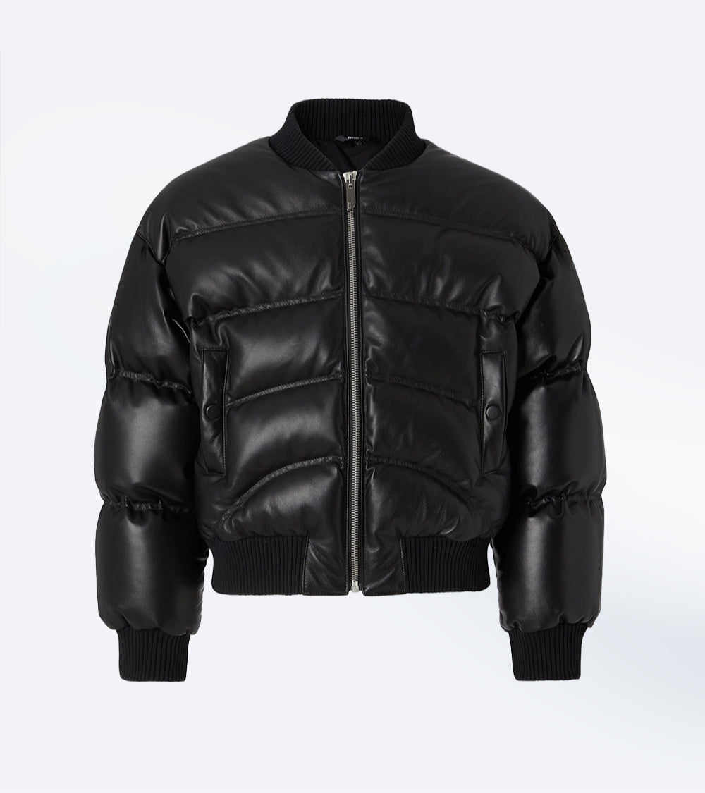 Black Puffer Bomber Leather Jacket