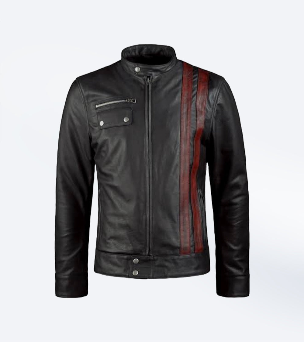 Café Racer Leather Jacket with Red Stripes