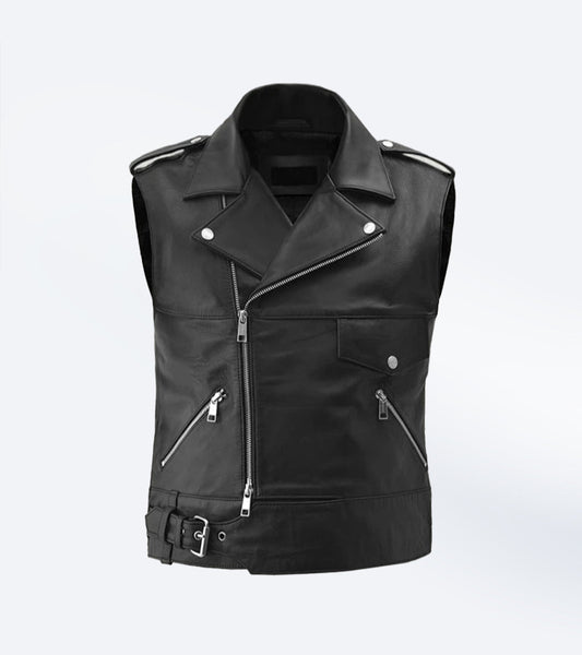 Black Leather Biker Vest with Buckled Strap