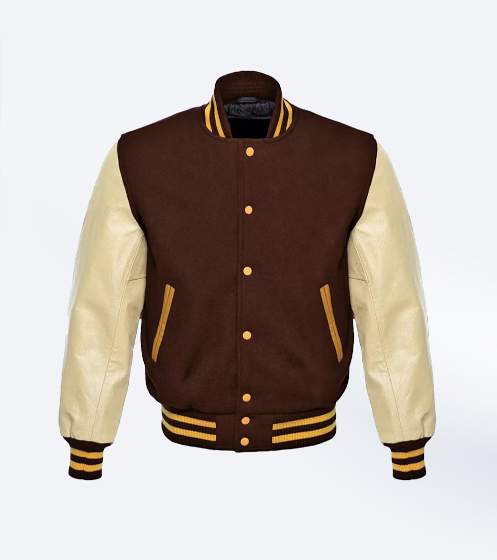 Brown Wool Varsity Jacket with Leather Sleeves