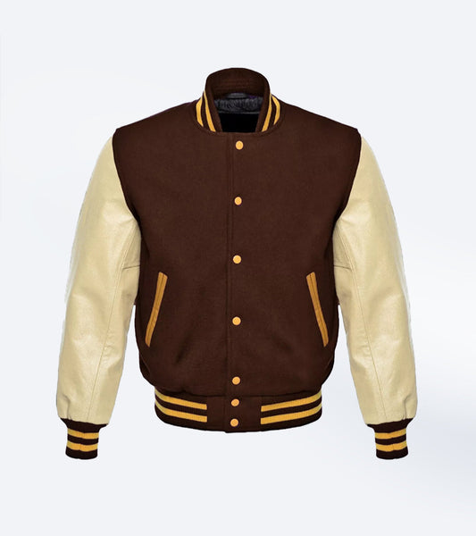 Brown Wool Varsity Jacket with Leather Sleeves